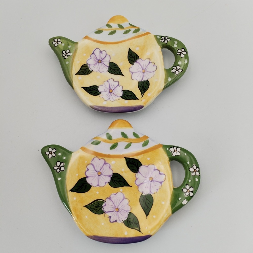 Set of 2 Bella Casa by Ganz Teapot Shaped Teabag Holder Lavender Flower Delicate